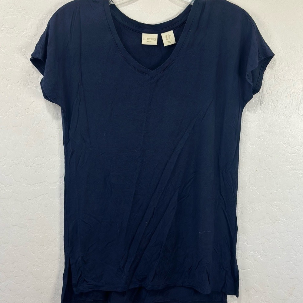 xs St tropez west Navy Short Sleeve V-Neck Top stretch basic soft shirt women's